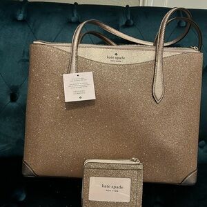 Kate Spade gold shimmer tote and wallet. New with tags.